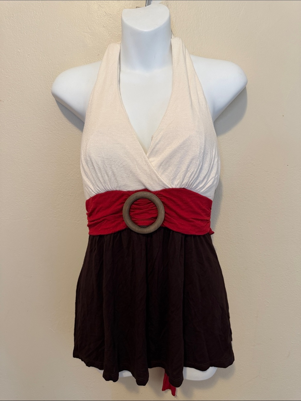 Wrapper One-Shoulder Halter Dress in Cream, Red, Brown